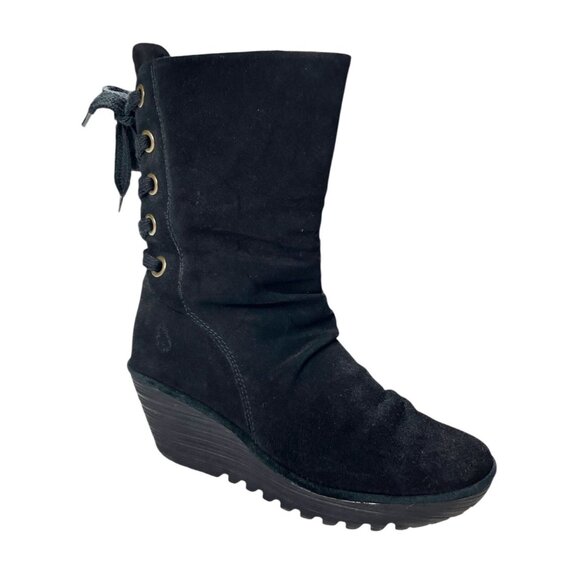 FLY London Yada Black Suede Mid-Calf Boot Size Euro 42 FLAW - Picture 1 of 15